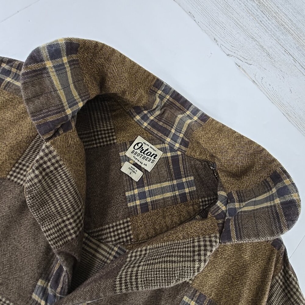ORTON BROTHERS PATCHWORK BROWN FLANNEL SHIRT MEN'S SIZE LARGE - Picture 7 of 16